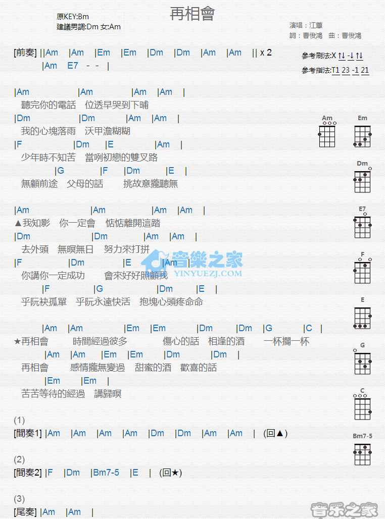 再相会尤克里里谱-江蕙-C调指法