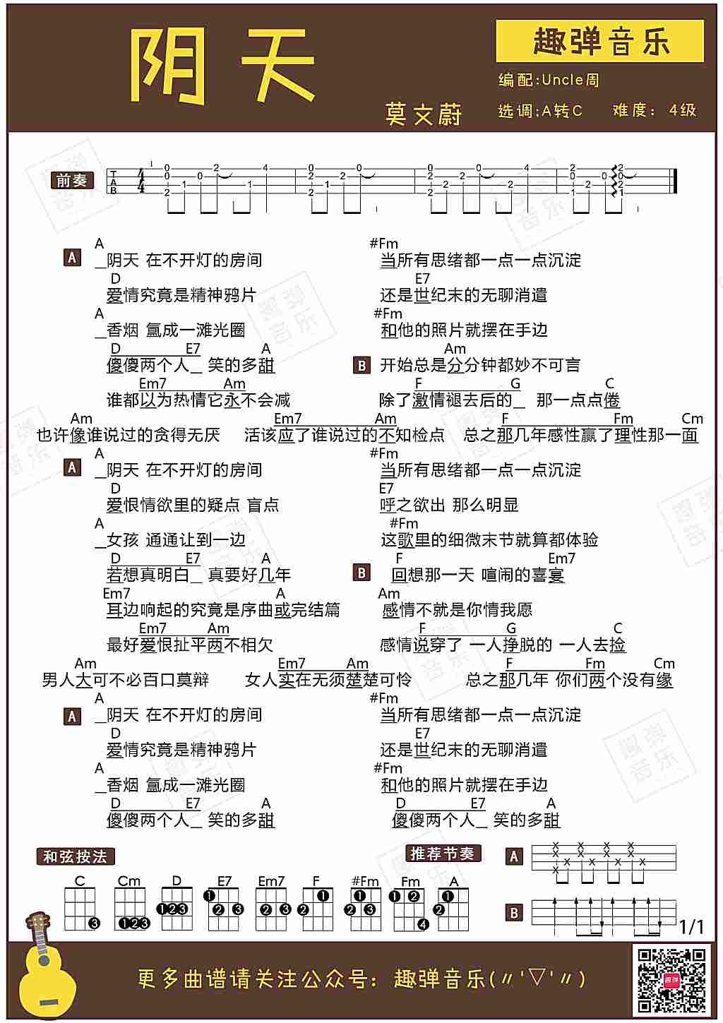 阴天尤克里里谱-莫文蔚-A调指法