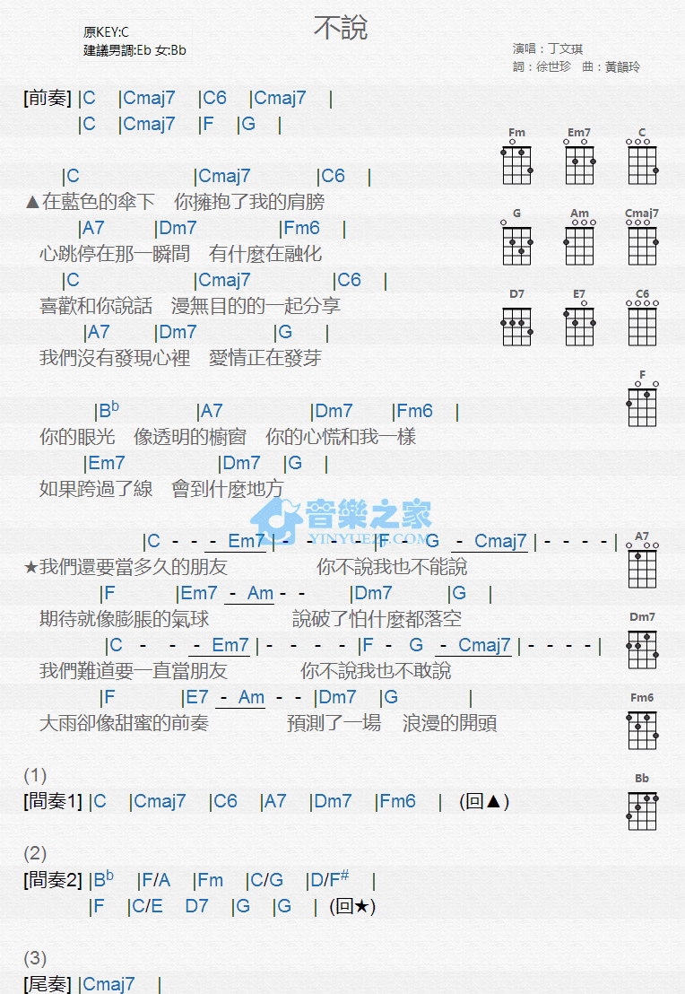 不说尤克里里谱-丁文琪-C调指法