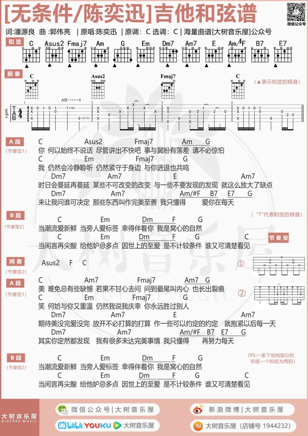 无条件吉他谱_陈奕迅_C调原版编配_吉他弹唱六线谱 - 酷琴谱