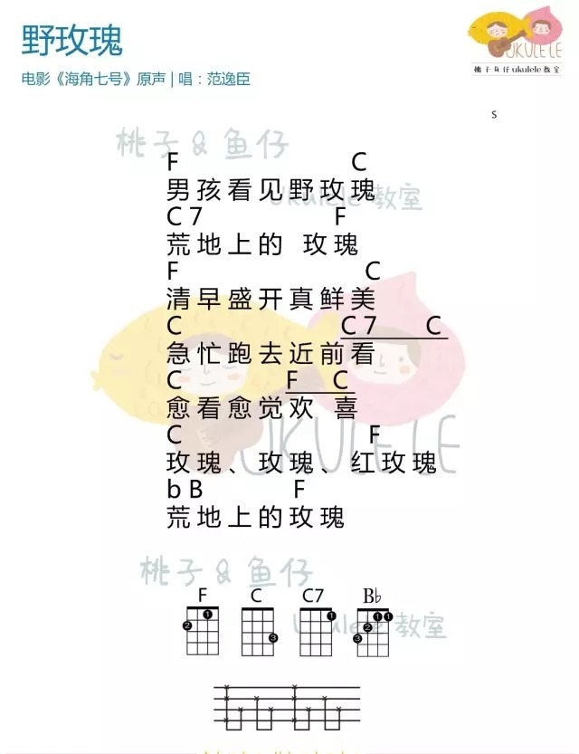 野玫瑰尤克里里谱1-范逸臣-F调指法