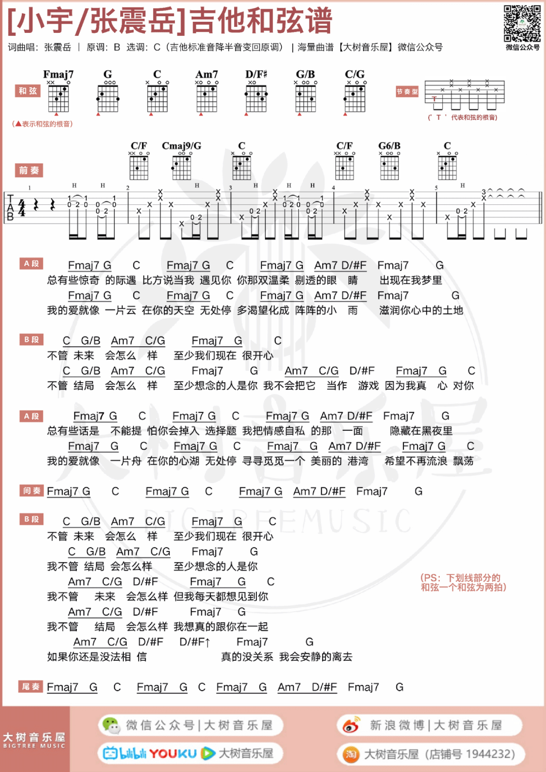 小宇吉他谱-张震岳-D调指法弹唱谱-附演示教学-吉他控