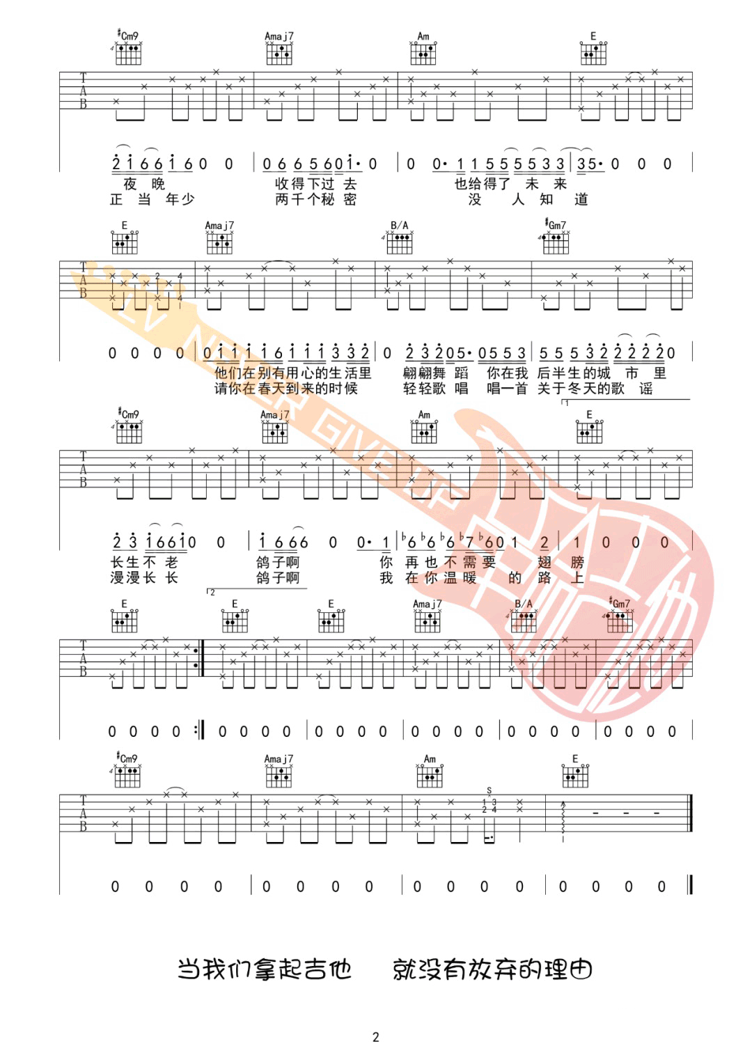 鸽子吉他谱_宋冬野_徐秉龙_C调六线谱完整版_C调_吉他简谱 - 曲谱歌词网