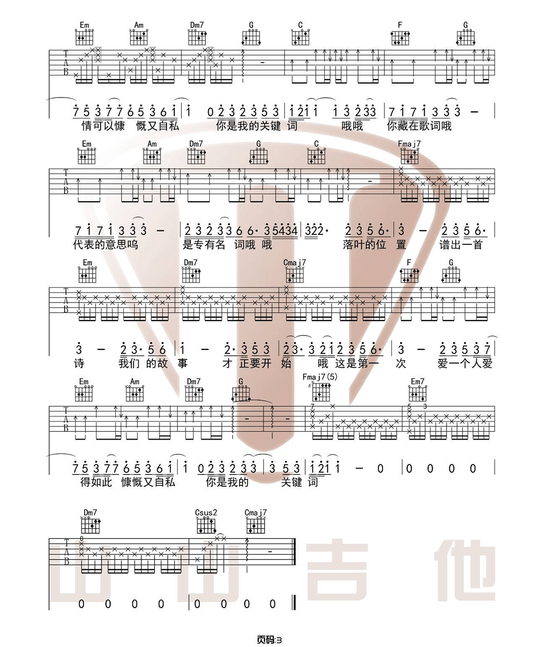 关键词吉他谱3-林俊杰-C调指法